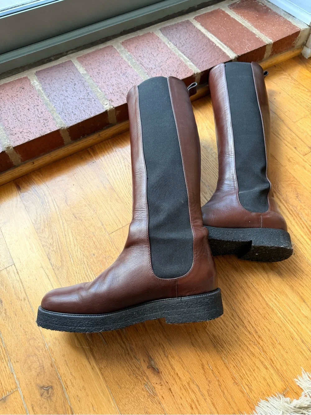 STAUD Dark Brown Leather Over-the-Knee Boot with Black Stretch Panel